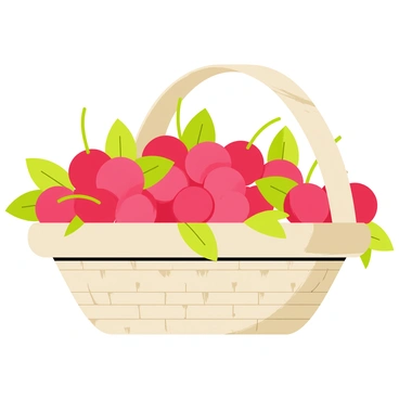 A fruit basket with a woven texture is overflowing with ripe, red cherries. The cherries are glossy and vibrant, showcasing their freshness. Surrounding the cherries are lush green leaves, adding contrast and a natural look to the basket. The basket itself is placed on a light-colored surface, highlighting the vivid colors of the fruit.
