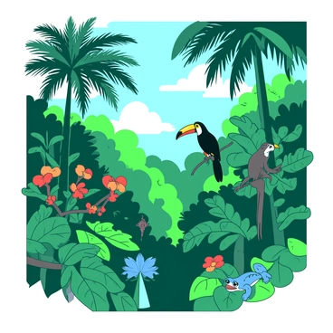 A vibrant jungle scene filled with a variety of plants and animals from different genera. Lush green ferns and towering palm trees create a dense canopy overhead. Vivid flowers in shades of orange and red bloom among the foliage, adding splashes of color. A colorful toucan perches on a branch, its large beak contrasting against the greenery. In the underbrush, a small blue frog can be seen resting on a leaf, while a playful monkey swings from a vine nearby. The jungle atmosphere is alive with movement and diverse wildlife.