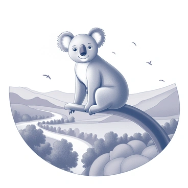 A koala sitting comfortably on a curved structure. The koala has a happy expression, with its mouth turned up in a smile. Below, a detailed landscape features rolling hills, a variety of trees, and a clear sky. The landscape is enriched with details such as various birds flying and a winding river visible in the distance. The scene conveys a sense of calm and harmony between the koala and the vibrant nature below.