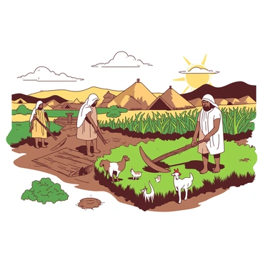 A group of farmers is working in the fields, surrounded by lush crops under a clear sky. Each farmer is using primitive tools, such as wooden plows and hand-held sickles, to cultivate the land. The farmers are dressed in simple, earthy-toned garments that reflect the Bronze Age period. In the background, there are small farm buildings made of mud and thatch, and a few domesticated animals like goats and chickens roam nearby. The sun casts warm light over the scene, highlighting the farmers' focused expressions as they labor diligently in the fertile fields.