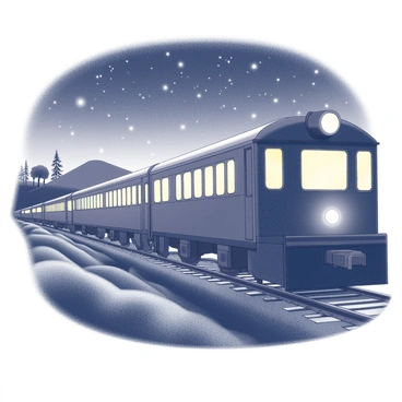 A train is traveling along a track, surrounded by a landscape that suggests rolling hills and distant silhouettes of trees. The train is a large, traditional locomotive with several carriages. The windows of the train are illuminated, revealing soft, warm light emanating from within. Above, a starlit sky is visible, filled with numerous stars twinkling brightly against the dark background. The scene captures the essence of night travel, with the train moving steadily through the serene environment.
