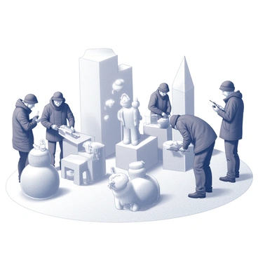 A group of artists engaged in the process of carving intricate ice sculptures. The artists are using chisels and saws to shape large blocks of ice into detailed figures. Each artist displays focused concentration as they work on their respective sculptures, showcasing various themes like animals and abstract designs. The surrounding area is adorned with smaller finished sculptures, glistening under the winter festival lights. Snow blankets the ground, and spectators watch in admiration, capturing the moment with their cameras.