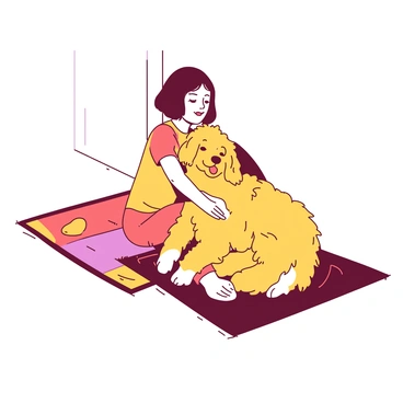 A person with short brown hair is sitting on the floor, leaning back against a white wall. They are cuddling with their favorite pet, a fluffy, playful dog with golden fur. The dog is resting its head on the person's lap, looking up with bright, playful eyes. The person's arms are wrapped around the dog, creating a warm embrace. In the background, there is a colorful rug with a pattern that adds to the cozy atmosphere. The scene is inviting and filled with a sense of companionship.