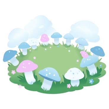 A circle of mushrooms is forming a fairy ring in a grassy field. The mushrooms have varied sizes and shapes, with some sporting smooth caps and others having textured surfaces. The grass surrounding the mushrooms is lush and vibrant, with shades of green intermingling. Soft sunlight filters through the trees nearby, casting gentle shadows on the ground. Small wildflowers are scattered throughout the grass, adding splashes of color. In the background, distant trees create a natural border for the scene.