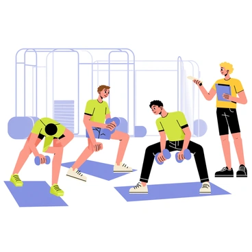 A group of three students is in a gym setting performing the dumbbell bent over row exercise. One student, a young woman with brown hair, is bent forward with a dumbbell in each hand, demonstrating the correct form. Another student, a young man with short black hair, is mimicking her posture and focusing on his technique. The third student, a young woman with curly blonde hair, is observing them while holding a clipboard, ready to provide feedback. The gym is filled with exercise mats and weightlifting equipment, creating an active learning environment.