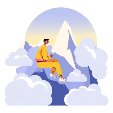 A figure dressed in a warm, colorful outfit is sitting on a large, rugged rock at the summit of a tall mountain. The figure has short hair blowing gently in the wind and a content smile while gazing at the view. Surrounding the rock, thick, rolling clouds float gracefully, creating a dreamlike atmosphere. In the background, distant peaks are visible, partially obscured by the cloud cover, which adds depth to the scene. The sky above is a bright blue with hints of gold from the setting sun, creating a beautiful contrast with the white clouds.