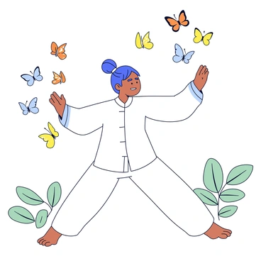 A person practicing Tai Chi in a peaceful setting. The practitioner is dressed in a traditional white outfit with flowing sleeves. As they perform graceful movements, a vibrant flurry of colorful butterflies swirls around them. The butterflies include shades of orange, blue, and yellow, creating a dynamic contrast with the serene posture of the practitioner. The background features soft, minimalistic greenery, highlighting the focus on the Tai Chi movements and the butterflies.