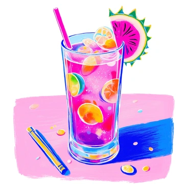 A vibrant cocktail is served in a tall, clear glass filled with a mix of bright pink and purple liquid. The drink is garnished with a slice of "dragon fruit" perched elegantly on the rim of the glass. The cocktail has colorful fruit pieces floating within it, including small segments of orange and green lime. To the side of the glass, there are a couple of shiny cocktail stirrers. The background is a simple surface that complements the colors of the drink.