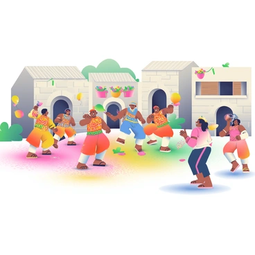 A rustic village square is bustling with activity during Holi celebrations. Colorful powders are scattered across the ground, creating vibrant patches of pink, blue, yellow, and green. In the center, a group of men and women are engaged in traditional dances, wearing bright, flowing garments adorned with intricate patterns. Some dancers hold colorful water-filled balloons, ready to toss them playfully. Surrounding the square, charming old buildings made of stone and wood provide a backdrop, with flower pots hanging from the windows. A few children are laughing as they run around, their faces painted with colors, adding to the lively atmosphere of joy and togetherness.
