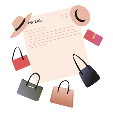 A digital flat illustration of an invoice layout. The invoice is rectangular and includes sections for the invoice number, date, and recipient's details, all written in a clean font. Surrounding the invoice are several chic fashion accessory illustrations. There are elegant hats in various styles, including a wide-brimmed sunhat and a stylish fedora, positioned at the corners. Handbags in different shapes and colors, such as a sleek black tote and a vibrant red clutch, are placed along the edges. The overall composition is balanced, with each accessory clearly defined and visually appealing.