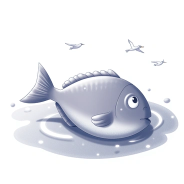 A sunfish floating on the ocean surface. Its large, rounded body is partially submerged in the water, creating gentle ripples around it. The sunfish is looking up towards the sky, with a comical expression that conveys relaxation. Small waves and bubbles surround the fish, reflecting the movement of the water. The bright sun shines down, illuminating the scene and casting soft shadows in the water. Nearby, a few seabirds can be seen flying above, adding to the lighthearted atmosphere of the beach.