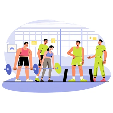 A group of five athletes practicing deadlifts in a gym setting. Each athlete is positioned at a barbell on the floor, focusing intently on their form. The first athlete, a muscular man with short black hair, is lifting the barbell with both hands while wearing a red tank top and black shorts. Beside him, a woman with a ponytail, dressed in a blue sports bra and gray leggings, is in the process of lowering her barbell. The third athlete, a tall man in green workout gear, is watching his teammates while providing encouragement. The interior of the gym features bright lights and various weightlifting equipment in the background. Motivational posters adorn the walls, enhancing the training atmosphere. Each athlete demonstrates determination and teamwork in their preparation for the upcoming competition.
