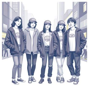 A group of five young adults stands together in a busy urban setting. They are wearing a variety of street fashion outfits that include oversized jackets, graphic t-shirts, and unique accessories. One individual has a statement cap with a bold logo, while another sports patterned sneakers. The background features tall buildings, colorful storefronts, and a crowd of people going about their day. The scene captures the lively atmosphere of a bustling neighborhood in Seoul.
