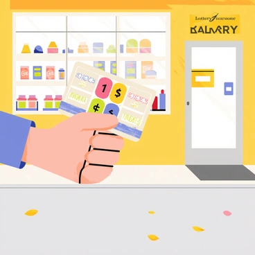 A hand with light skin holding a colorful lottery ticket featuring bright patterns and numbers. The background shows a convenience store with a glass door and brightly lit windows, showcasing various snacks and drinks. The store's sign is visible, displaying the store's name in bold letters. The pavement beneath the hand is gray, and a few scattered leaves are present. The overall scene captures a moment of anticipation and excitement.