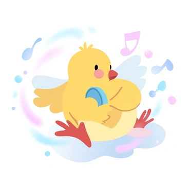 A baby chick is playing a tiny tambourine with its small wings. The chick is fluffy and yellow, sitting on a soft surface. Surrounding the chick are colorful musical notes floating in the air, creating a lively atmosphere. The background features a blend of gradient pastel colors, enhancing the cheerful vibe of the scene.