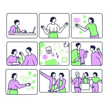 A storyboard containing several sequential illustrations for an editorial animation. Each frame features a distinct scene depicting various actions and character interactions. The first frame shows a character sitting at a desk, writing notes on a piece of paper. In the second frame, the same character is standing and gesturing passionately while discussing ideas with two other characters. The third frame captures a close-up of a hand pointing to a digital screen displaying a colorful chart. The fourth frame shows the three characters brainstorming together, with sticky notes and sketches scattered around them. The final frame features a wide shot of all characters celebrating a successful presentation, with smiles and raised arms. Each frame is clearly defined, showcasing the flow of the storyboard.