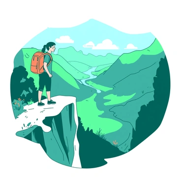 A teal hiker stands alone on the edge of a steep cliff, gazing out at a vast valley below. The valley is filled with lush greenery and winding rivers, stretching far into the distance. The sky above is bright and clear, casting a soft glow on the landscape. The hiker is wearing a vibrant orange backpack and has a look of wonder on their face as they take in the breathtaking view. The cliff is rugged and rocky, with patches of grass and small wildflowers growing near the edge.