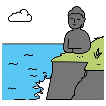 A large Adiyogi statue, depicting a serene face with closed eyes and a peaceful expression, stands prominently on a cliff's edge. The statue is made of dark stone, contrasting sharply with the bright blue of the vast ocean below. Waves crash against the cliffs, sending up white froth. The sky is clear with a few scattered clouds. The surrounding landscape features green grass and sparse vegetation on the cliff, enhancing the natural beauty of the scene. The ocean extends to the horizon, reflecting the sunlight with gentle ripples.