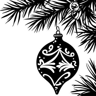A close-up view of an "intricate ornament" hanging from a "Christmas tree branch." The ornament features detailed patterns and designs, reflecting light and texture. The branch is adorned with lush green needles, and there are a few sparkling "lights" blurred in the background. Delicate strands of "tinsel" are draped over the branch, adding a festive touch.