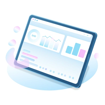 A tablet screen displaying a detailed social media analytics dashboard. The screen features various graphs, including a bar graph and a line chart showing growth trends over time. There are metrics displayed in colorful segments, capturing different aspects of engagement and audience growth. The tablet rests on a smooth, light-colored surface, emphasizing the modern digital interface.