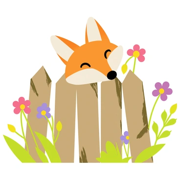 A fox head with bright orange fur and white markings is peeking through a wooden fence. The fence planks are weathered and brown, with some moss growing on the crevices. The fox's ears are perked up, and its eyes are wide open, showcasing a sense of curiosity. Surrounding the fence are vibrant green leaves and colorful wildflowers, enhancing the lively scene.