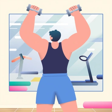 A person with dark hair is performing dumbbell thrusters in a gym. They are wearing a fitted black tank top and bright blue shorts. Each arm is raised overhead, holding a pair of silver dumbbells. Their reflection is visible in a large mirror on the wall, capturing the intensity of their workout. The gym has a wooden floor and is equipped with various fitness equipment in the background, including a treadmill and exercise mats. Bright overhead lights illuminate the space, creating a vibrant atmosphere.