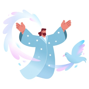 A majestic figure resembling a wizard is depicted in the process of transforming into a bird. The wizard is wearing a flowing robe adorned with stars and moons, and wisps of magic are swirling around him. His arms are raised, and feathers are bursting forth from his human form, capturing the moment of transition. The colors of the transformation blend seamlessly into gradient pastel shades, creating a harmonious visual effect. A shimmering trail of magic connects the wizard to the emerging bird form, which is partially formed and displays vibrant feathers in soft hues.