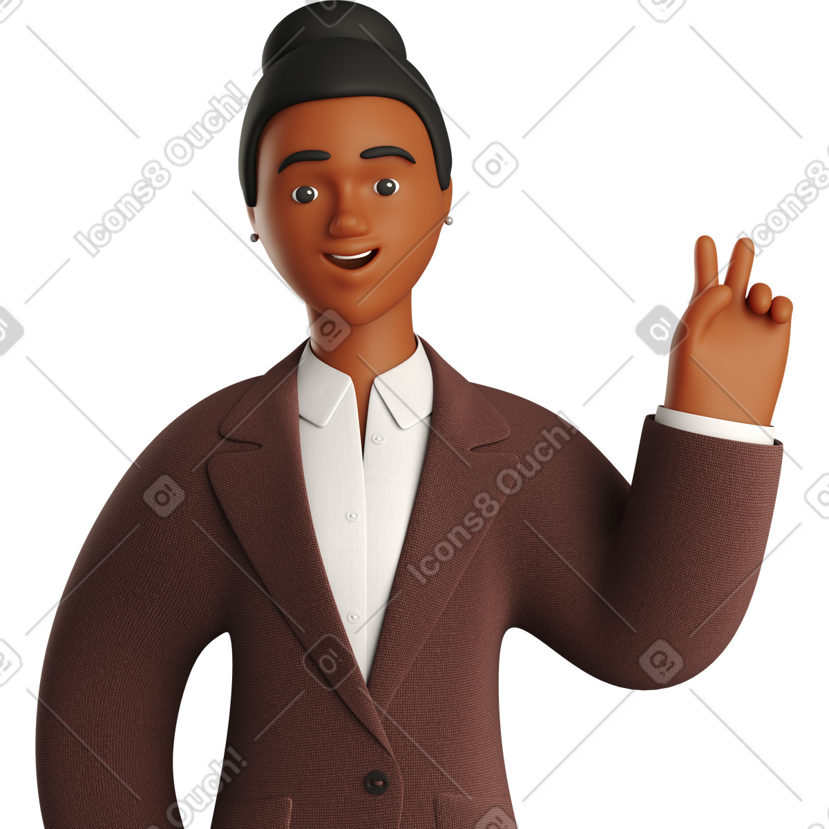 3D Business スタイルの Black businesswoman in brown suit with peace sign hand のイラストをPNG、SVG形式でダウンロード
