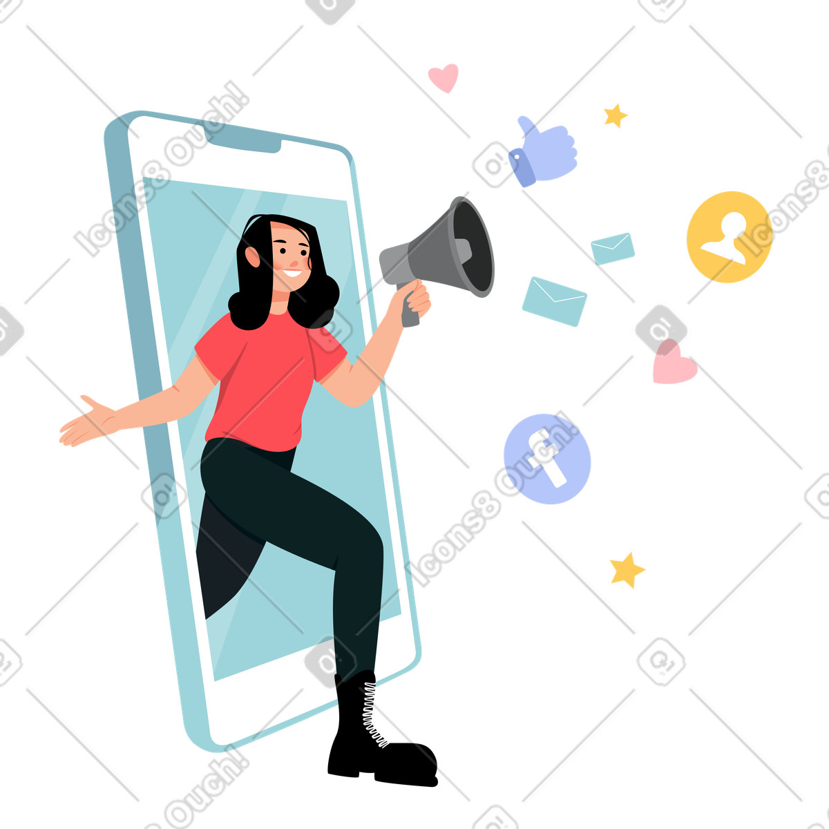 Illustration La fille avec le haut-parleur sort du téléphone dans style Lagom à télécharger aux formats PNG, SVG