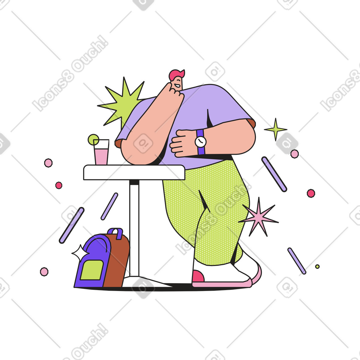 Mann stützt sich auf hohen tisch und schaut die uhr-Illustration im Dazzle-Stil als Download in PNG, SVG