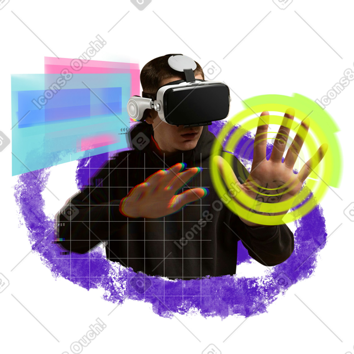 Illustration Technologie interactive, homme explorant la réalité virtuelle dans le style Energy à télécharger aux formats PNG, SVG