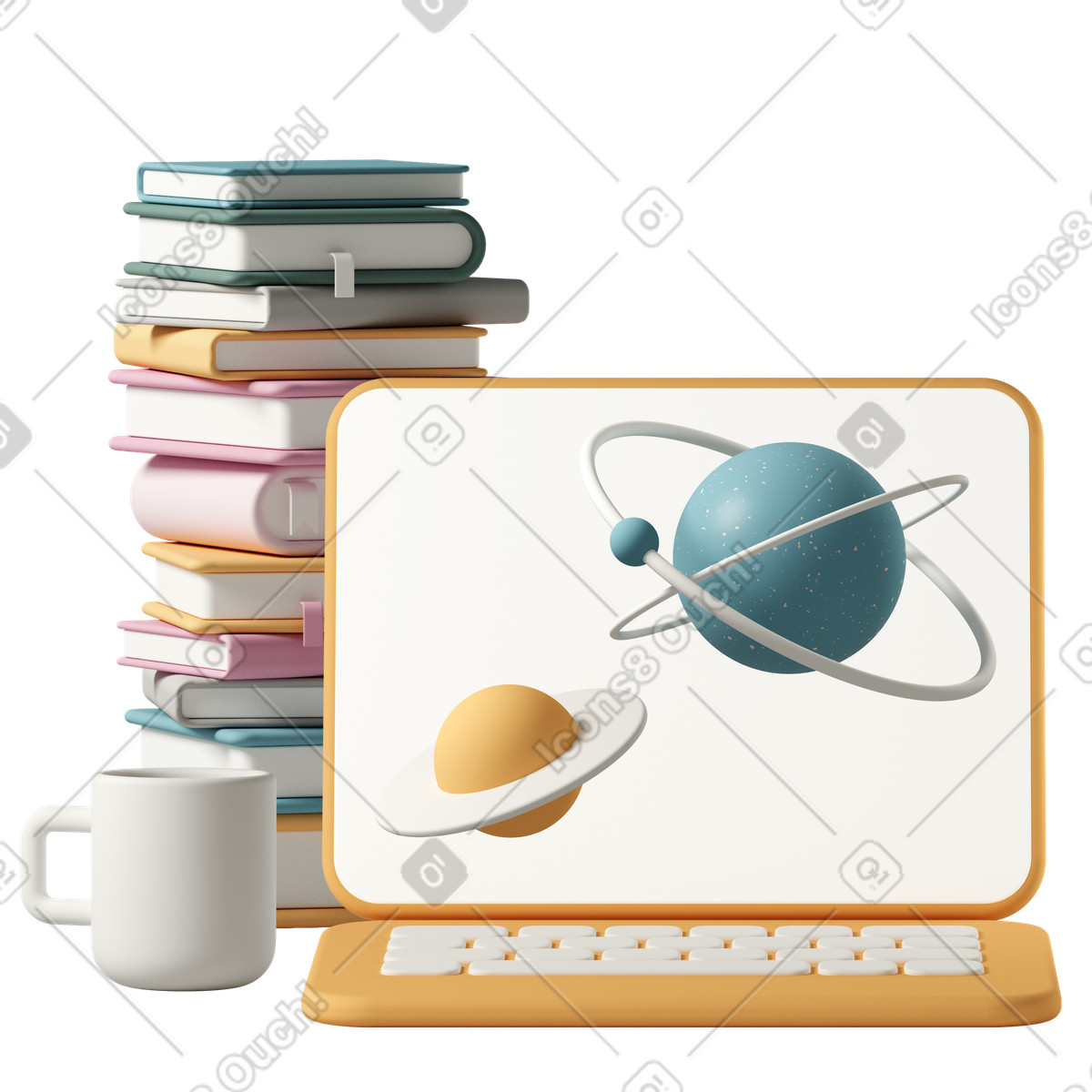 Stack of books and mug illustration with laptop screen displaying planets clipart PNG SVG GIF
