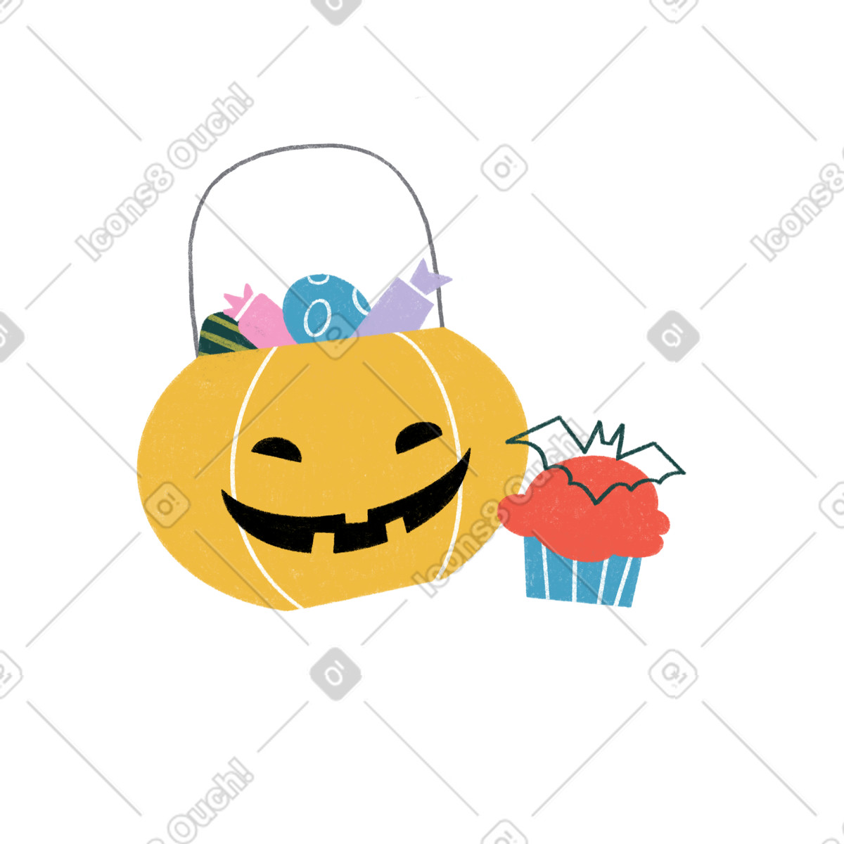 Halloween treats and party sweets, pumpkin candy bucket with cupcake illustrazione in stile Tutti scarica in PNG, SVG