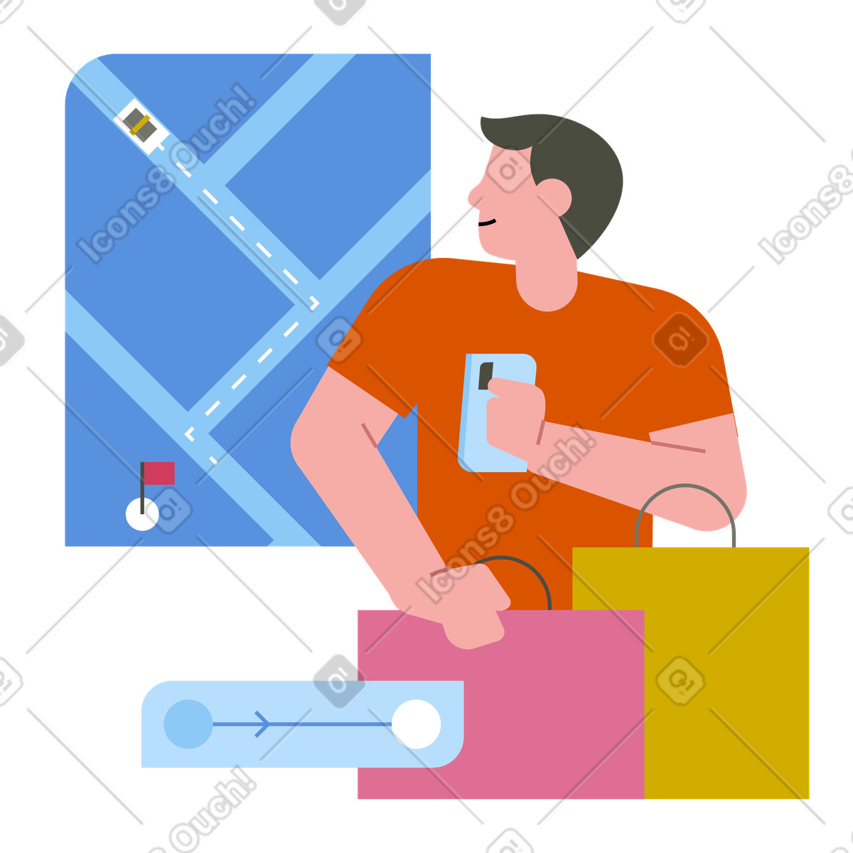 Ilustración Persona sosteniendo un teléfono con mapa digital, navegación en tiempo real para servicio de taxi estilo Vector a descargar PNG y SVG