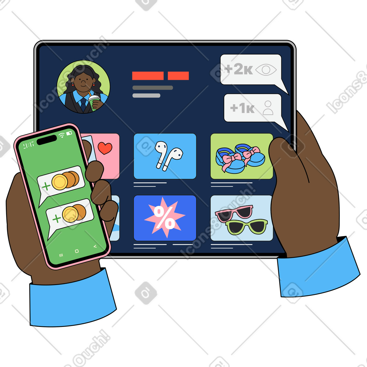 Entrepreneur monitoring earnings from e-commerce illustration in Kindy style download in PNG, SVG