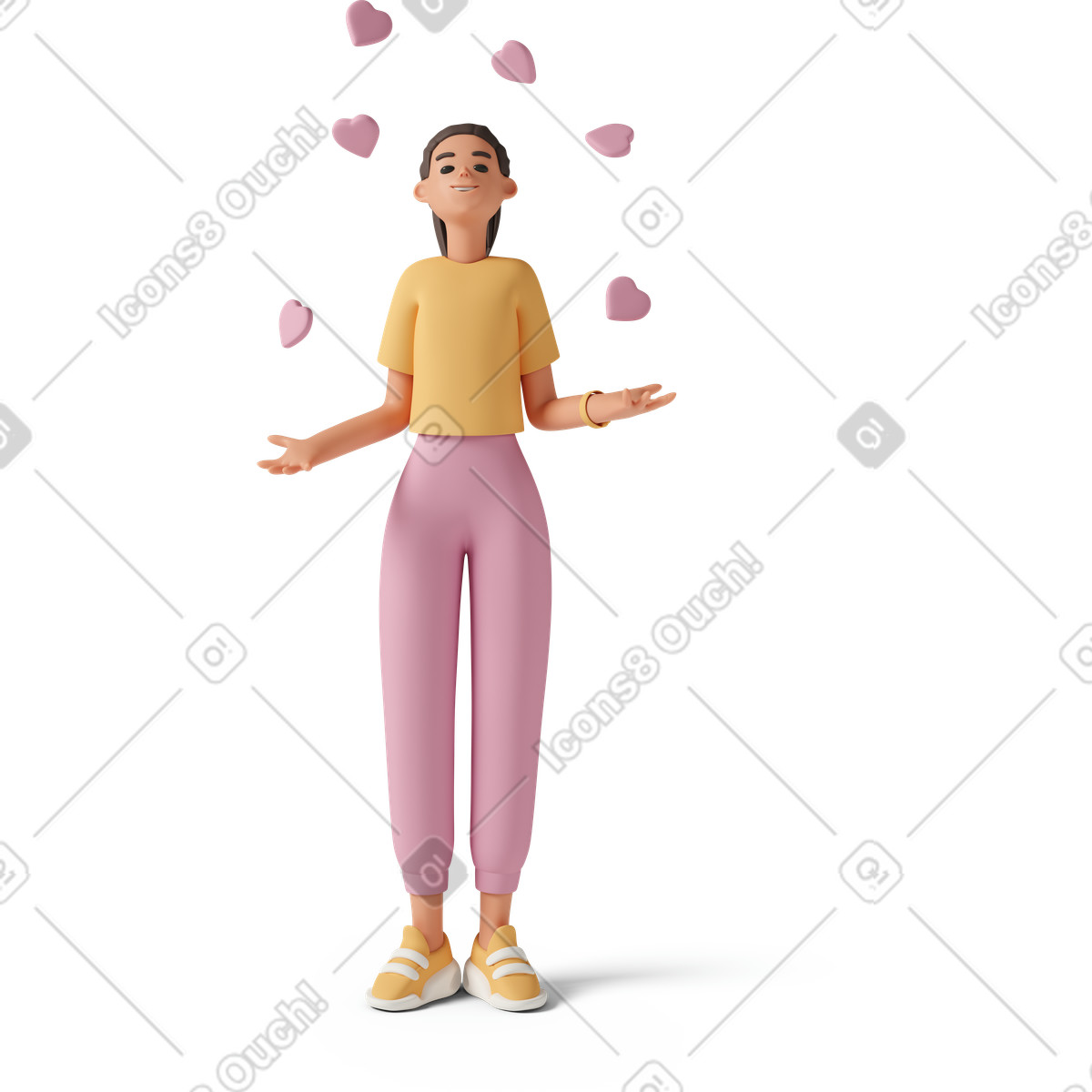 3D Casual life スタイルの Young woman juggling hearts のイラストをPNG、SVG形式でダウンロード