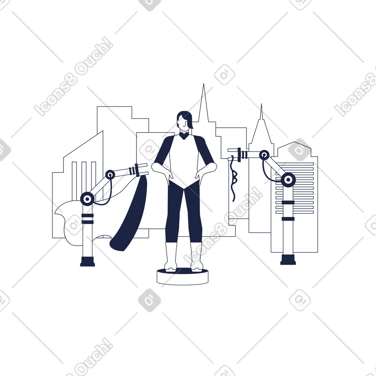 Robotic arms dressing superhero, Premium upgrade process or level up concept illustrazione in stile Urban Line scarica in PNG, SVG