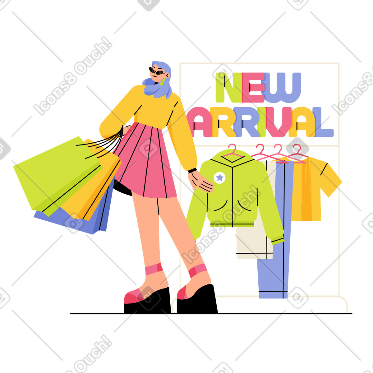Juicy スタイルの Customer with bags at new arrival rack, Fashion retail and seasonal collection marketing のイラストをPNG、SVG形式でダウンロード