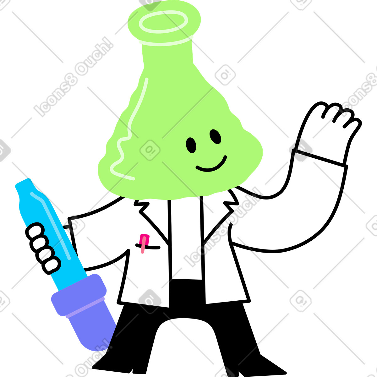 Character with a flask head holding pipette illustration in Giggle style download in PNG, SVG