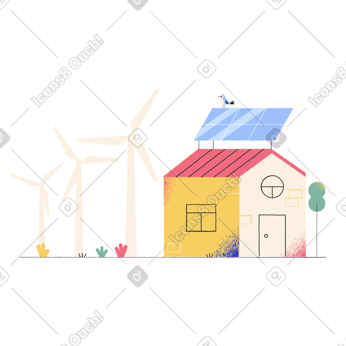 Illustration Energie durable avec éoliennes et panneaux solaires dans le style Pablo à télécharger aux formats PNG, SVG