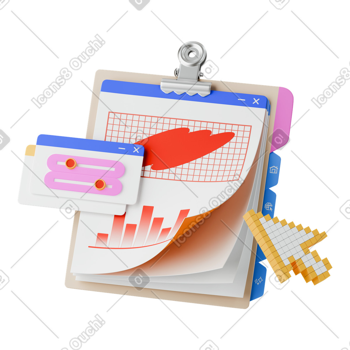 Website windows with analytics illustration in 3D Stickle style download in PNG, SVG