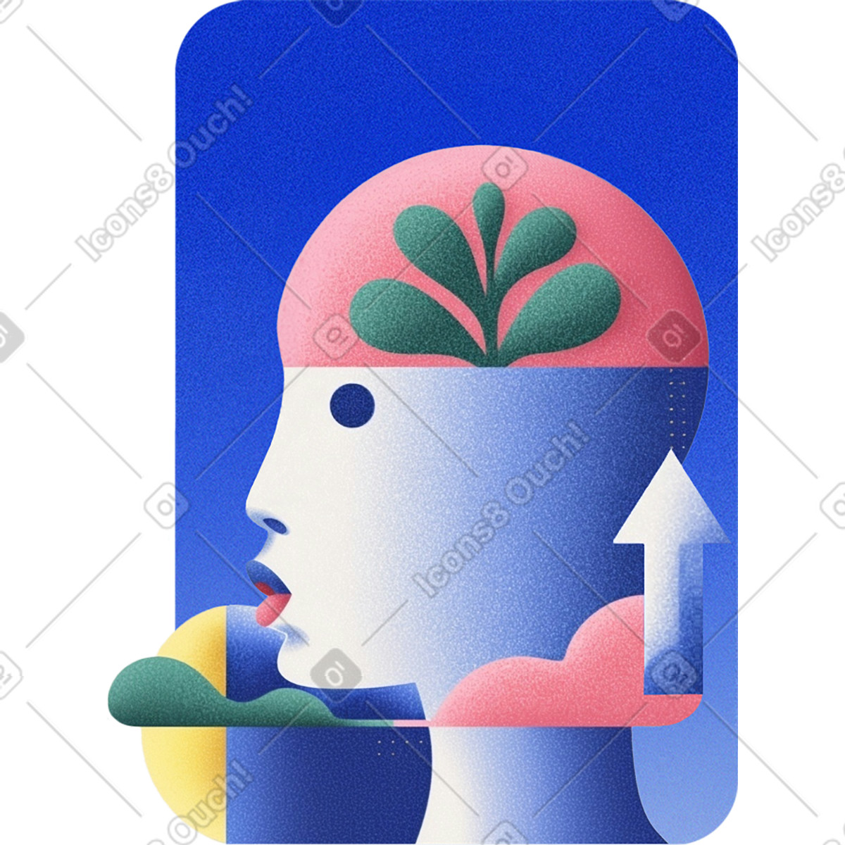 Illustration Profil de tête avec flèche vers le haut et plante à l'intérieur, état d'esprit croissance sensibilisation la santé mentale dans style Grainy télécharger aux formats PNG, SVG