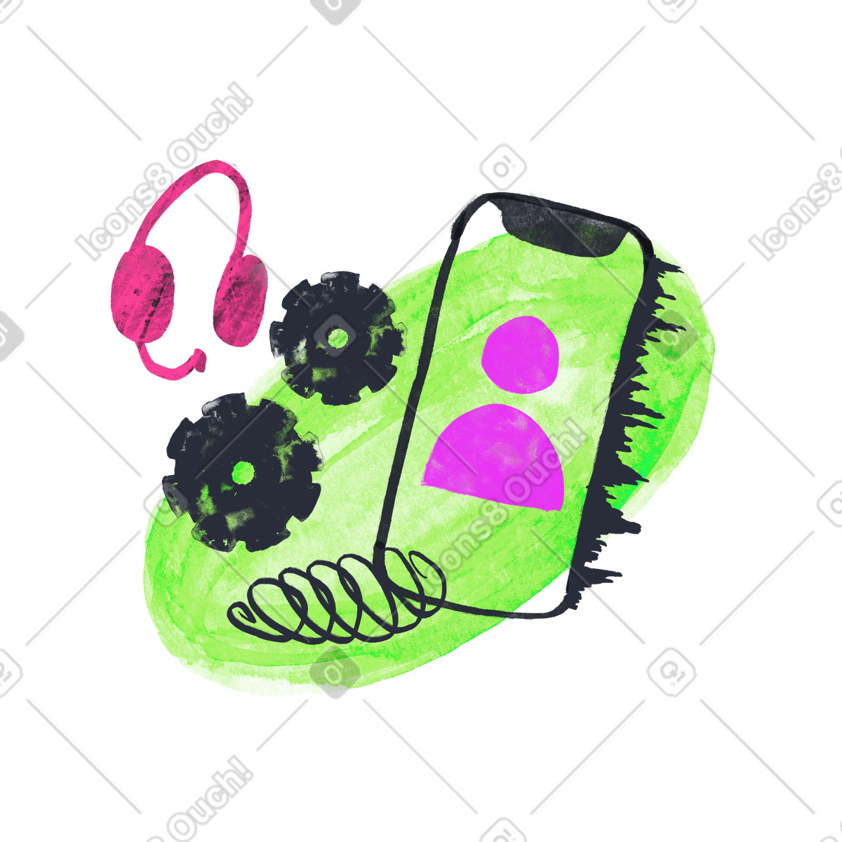 下载 Inky 风格的 Tech support phone call with gears and headphones 插画，支持 PNG、SVG 格式
