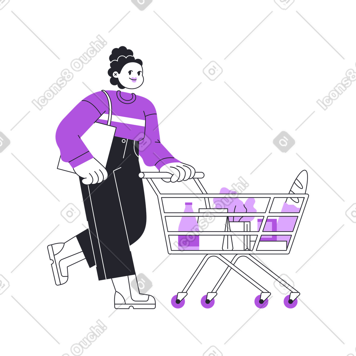 Illustration animée Customer with full shopping cart, Retail food purchase dans le style Grapy à télécharger aux formats GIF, Lottie (JSON), AE