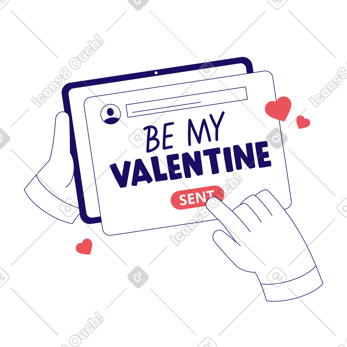 Tablet with hands, sending message text Be my valentine illustration in Bendy style download in PNG, SVG
