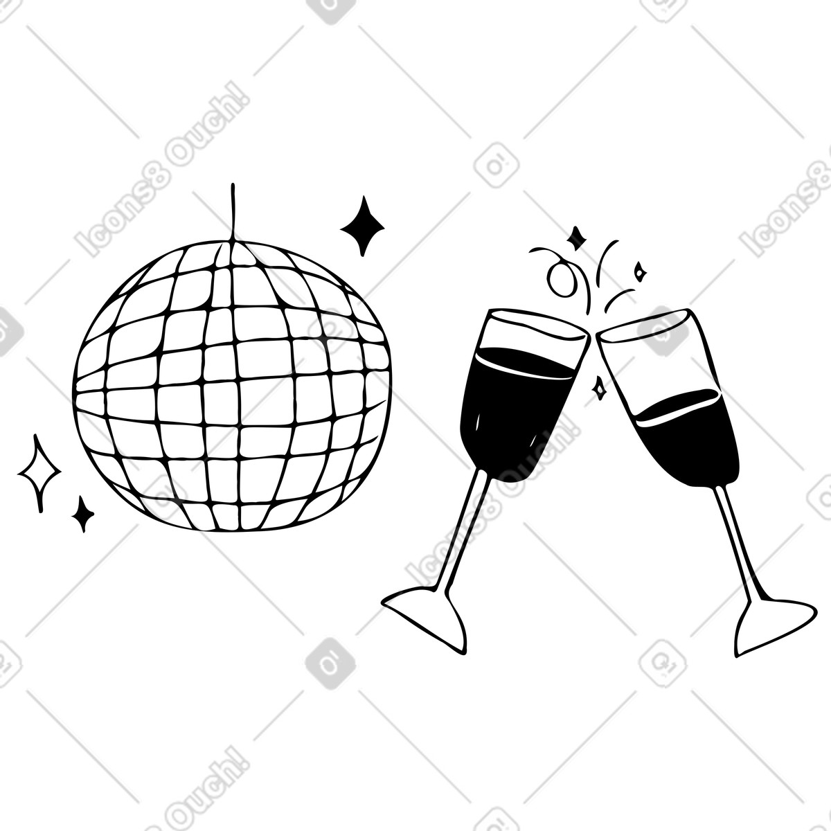 Party-diskokugel und weingl&auml;ser-Illustration im Marks-Stil als Download in PNG, SVG