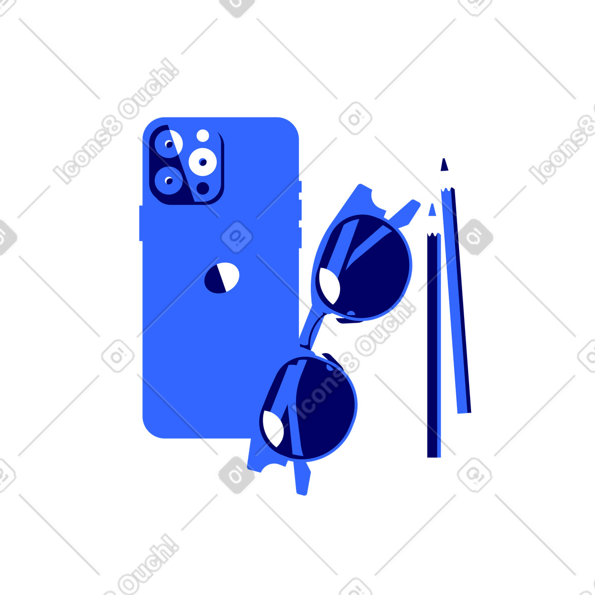 Illustration Composition de smartphone, lunettes soleil et crayons dans le style Lounge à télécharger aux formats PNG, SVG