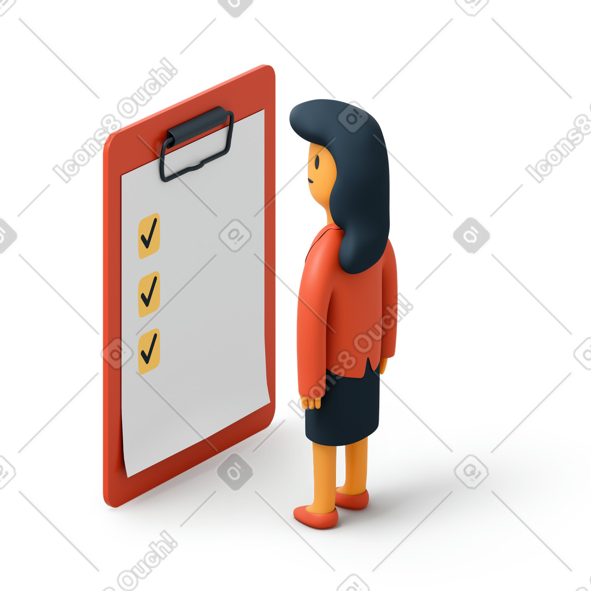 Ilustração de Mulher negócios olhando para o formulário lista verificação preenchido na área transferência em no estilo 3D Flame baixar em PNG, SVG