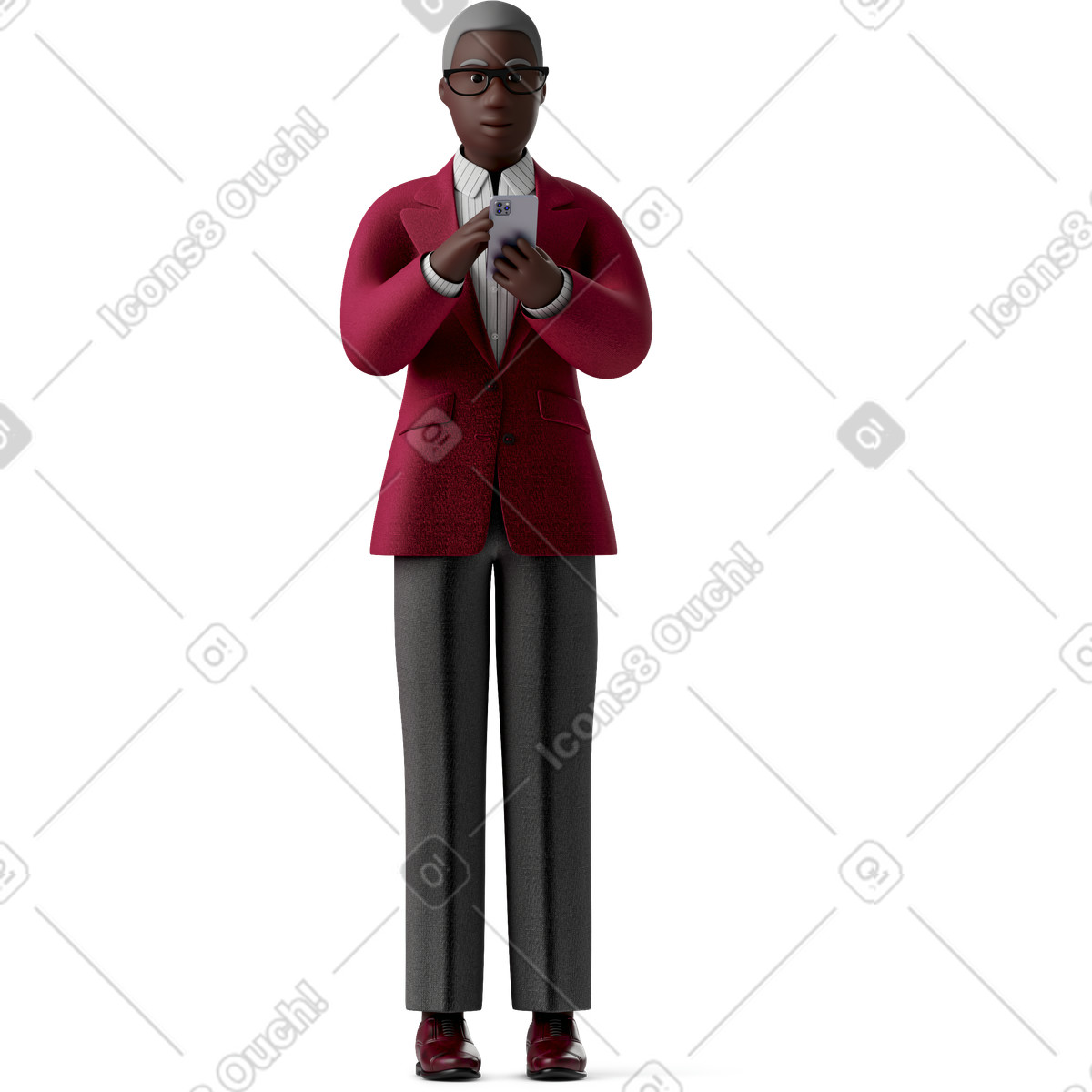 Illustration Vieille femme d'affaires noire à lunettes et costume avec téléphone regardant droit dans le style 3D Business télécharger aux formats PNG, SVG
