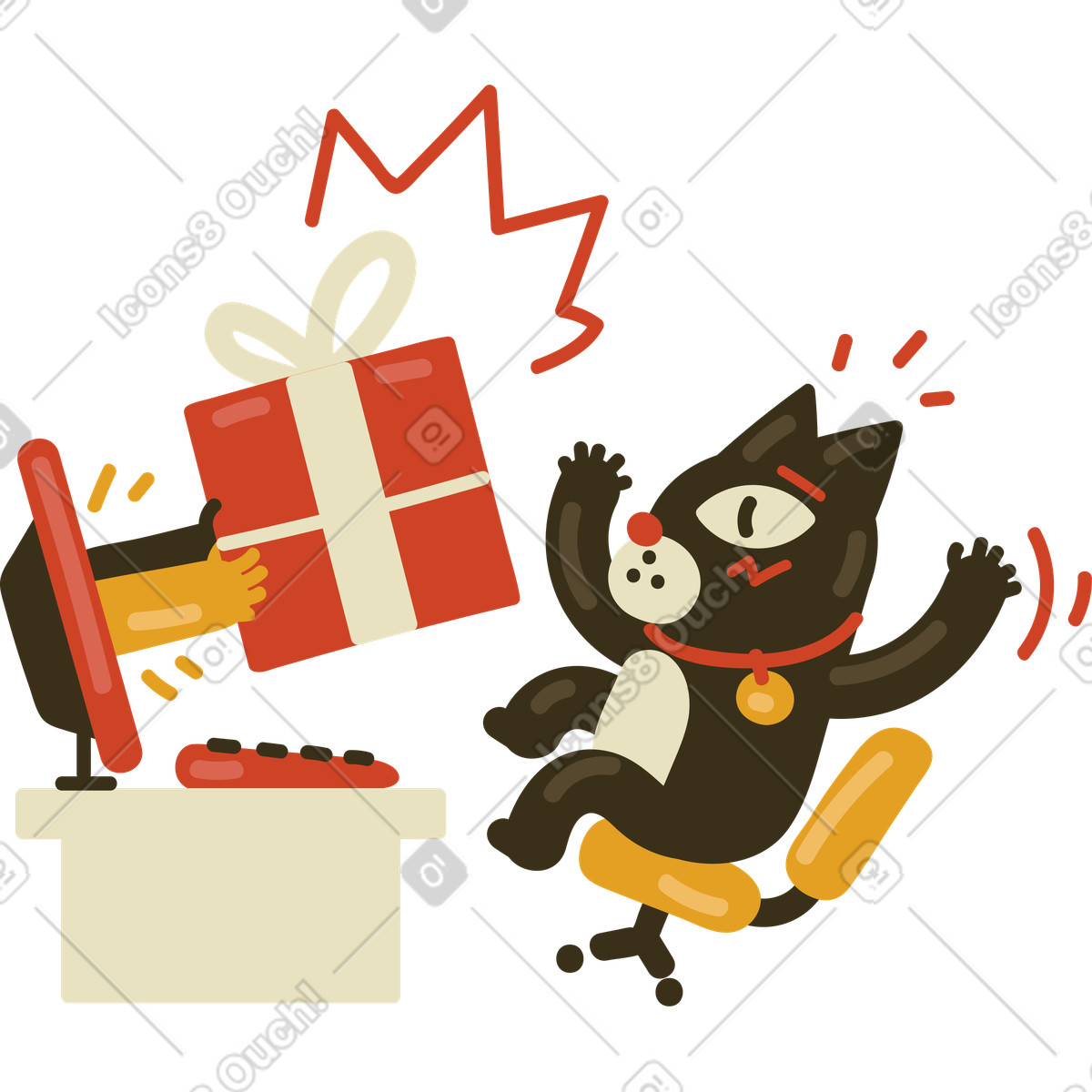 Gatto sorpreso che riceve un regalo via internet illustrazione in stile Arabica scarica in PNG, SVG
